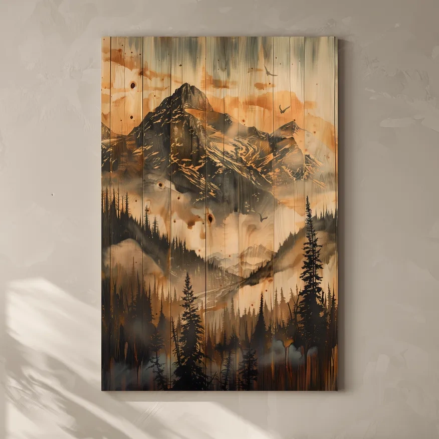 Mountain range wall art, wood panel effect, rustic cabin art, wood burning style