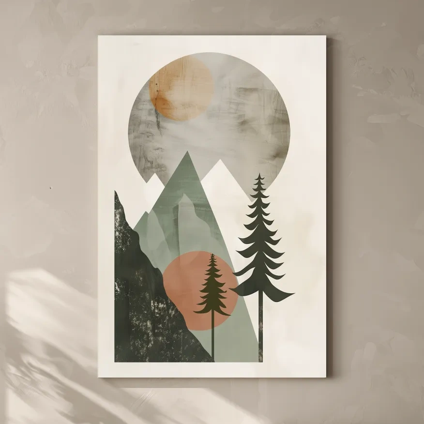Scandinavian style artwork, mountains and trees under the sun