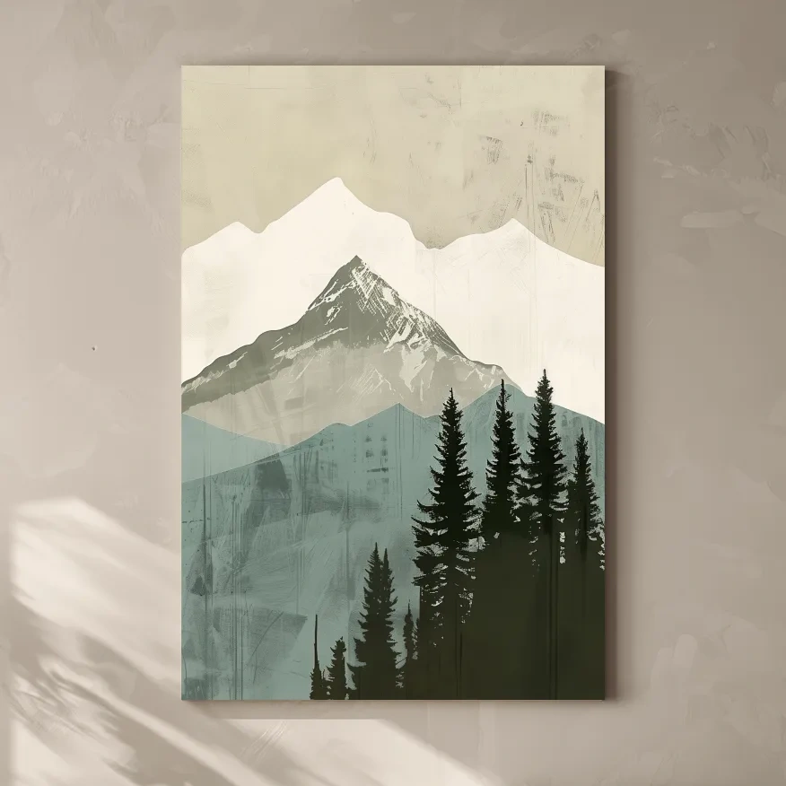 Minimal mountain artwork, scandinavian style glacier and forest art