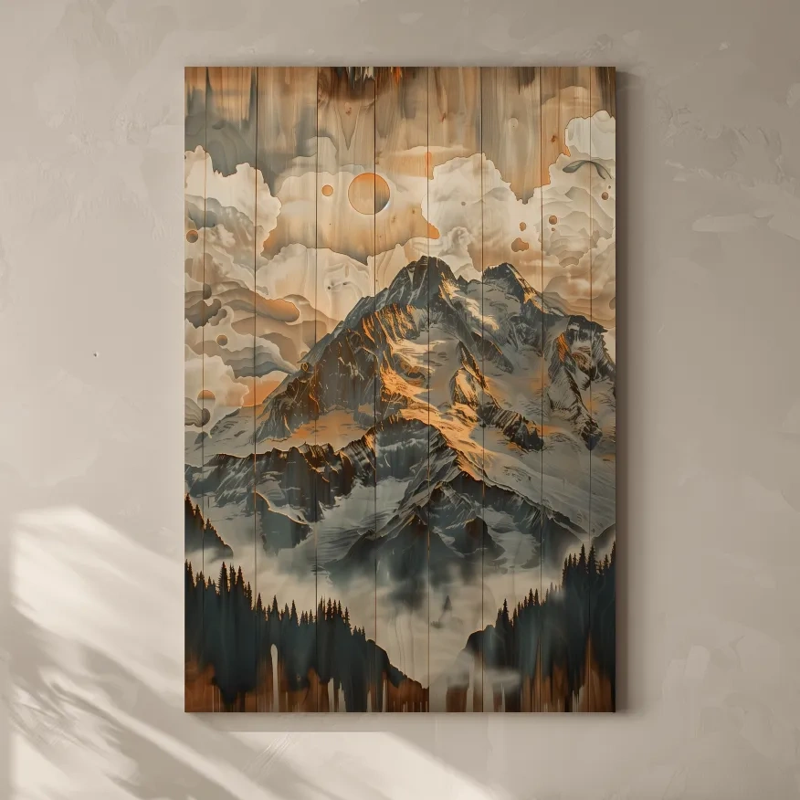 Rustic Glacier Mountain Range Artwork - Vintage Wood Grain Alpine Wall Art
