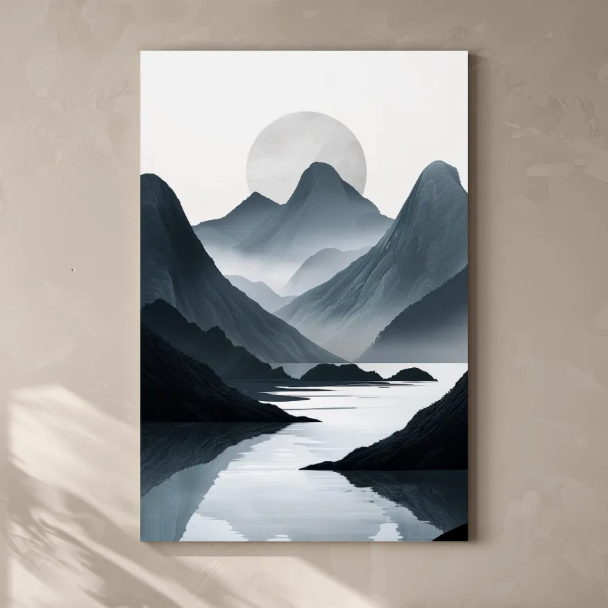 Black & white mountain artwork, view down a foggy valley and lake