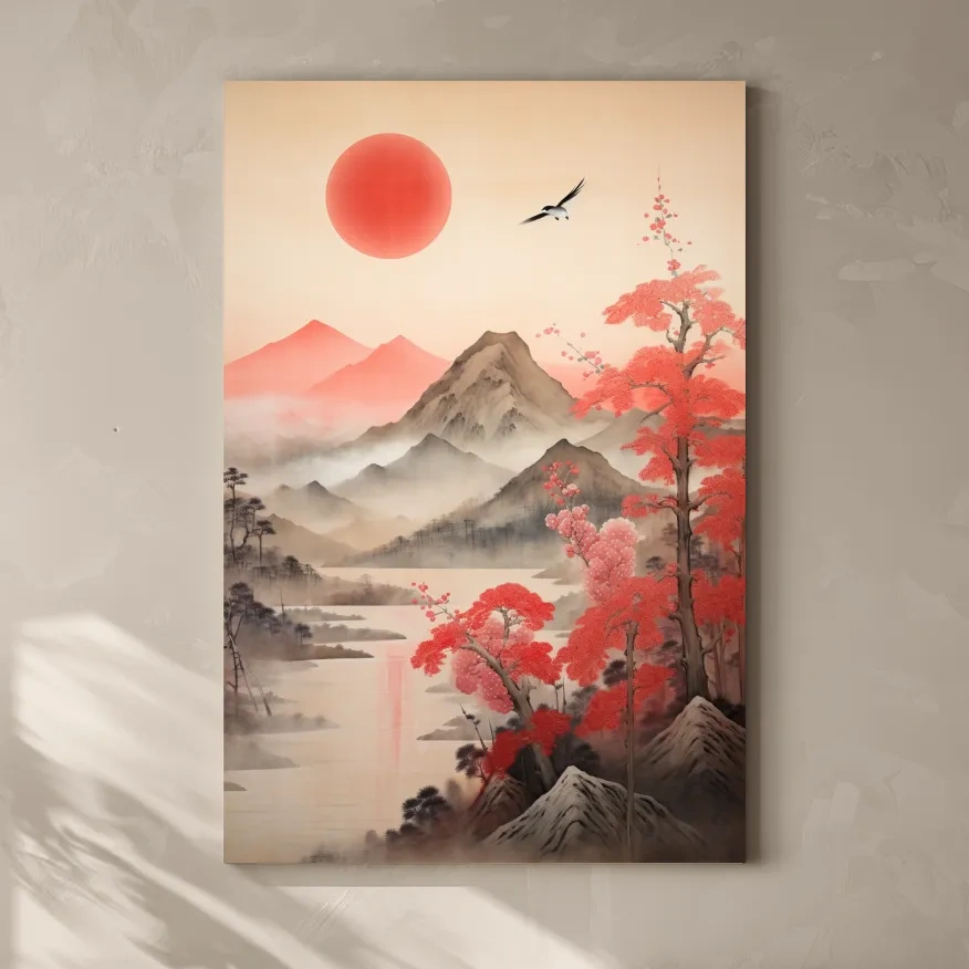 Oriental cherry blossom artwork, mountains in the mist watercolor wall art painting
