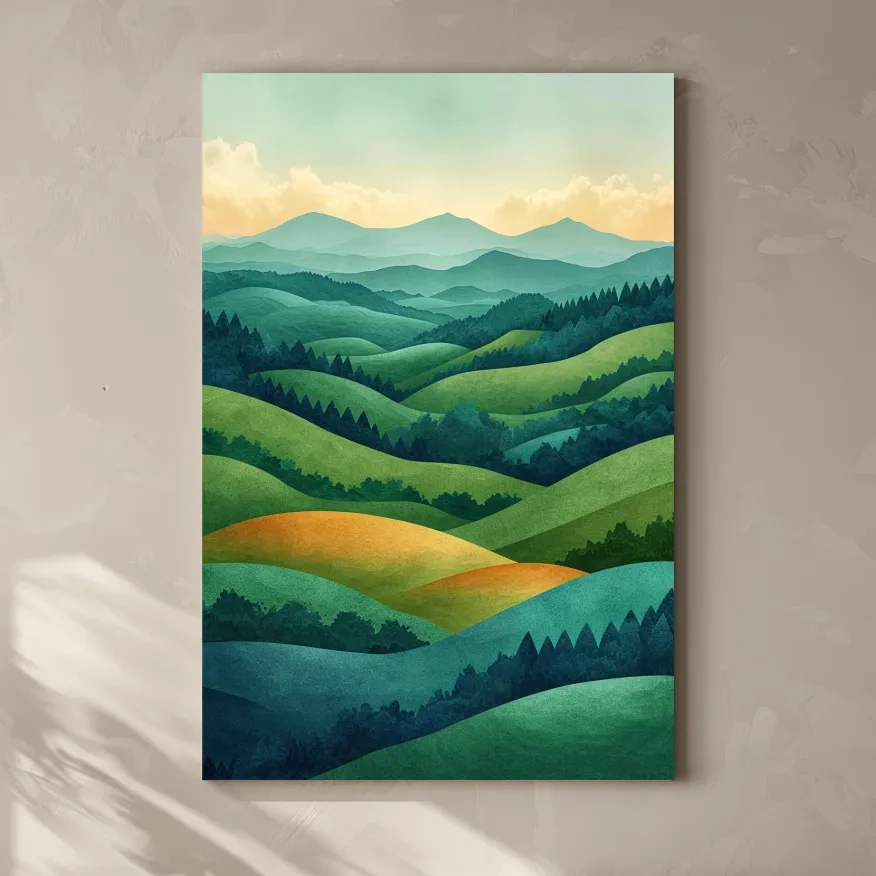 Layered Emerald Rolling Hills Landscape - Serene Scandinavian Nature Wall Art