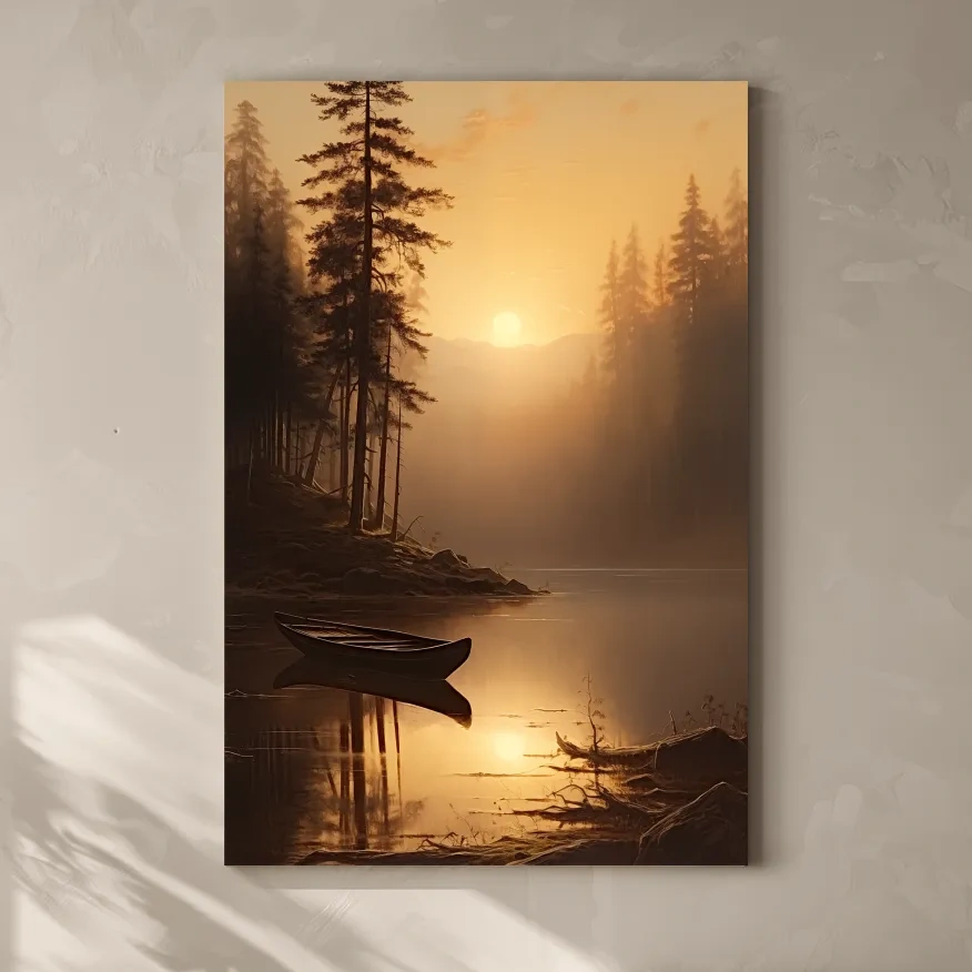 Misty Golden Lake Sunrise With Canoe - Serene Pine Forest Mountain Landscape Wall Art