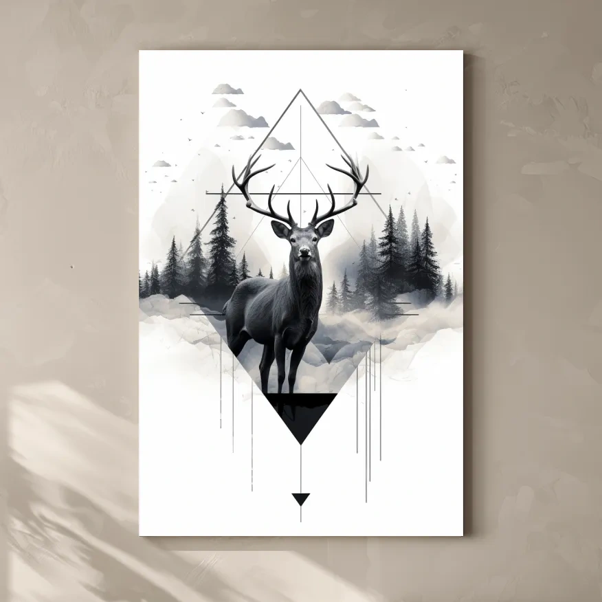 Geometric Monochrome Stag In Misty Pines - Tattoo Inspired Wildlife Wall Art