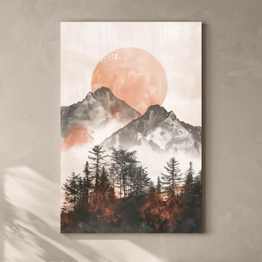 Japandi style boho wall art, sunset over an alpine forest, mountains & trees