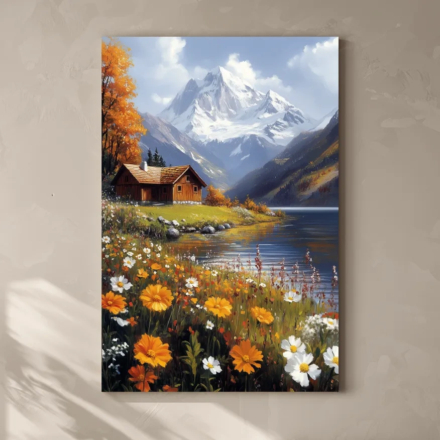 Autumn Alpine Lake Cabin Impressionist Painting - Snowcapped Mountain Wildflower Wall Art
