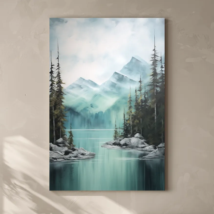 Painting of a turquoise lake in the alpine