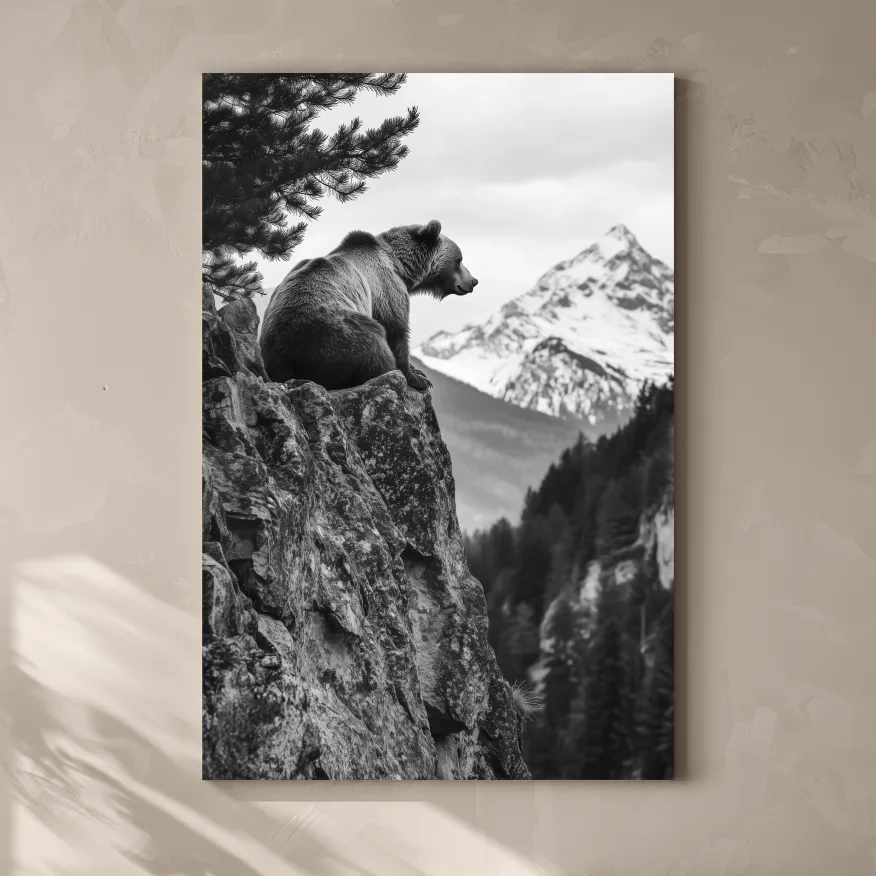 Grizzly bear taking in a mountain view, photographic wildlife wall art