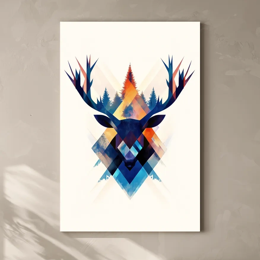 Geometric deer head wall art, colorful abstract tribal style artwork