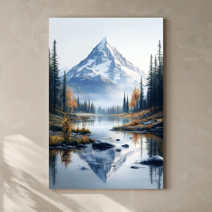 Majestic Snowcapped Mountain Lake Artwork - Serene Alpine Meadows Wall Art