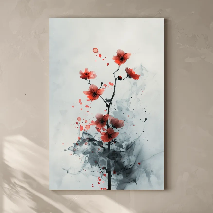 Red Cherry Blossom Ink Wash Painting - Minimalist Floral Wall Art