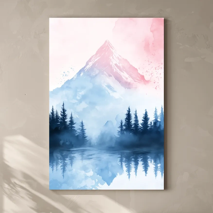Pastel mountain watercolor painting, foggy forest by an alpine lake