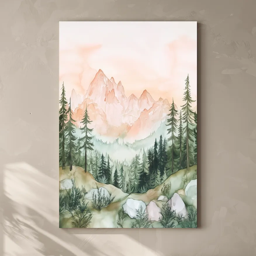 Alpine mountain forest watercolour painting wall art, pastel colors