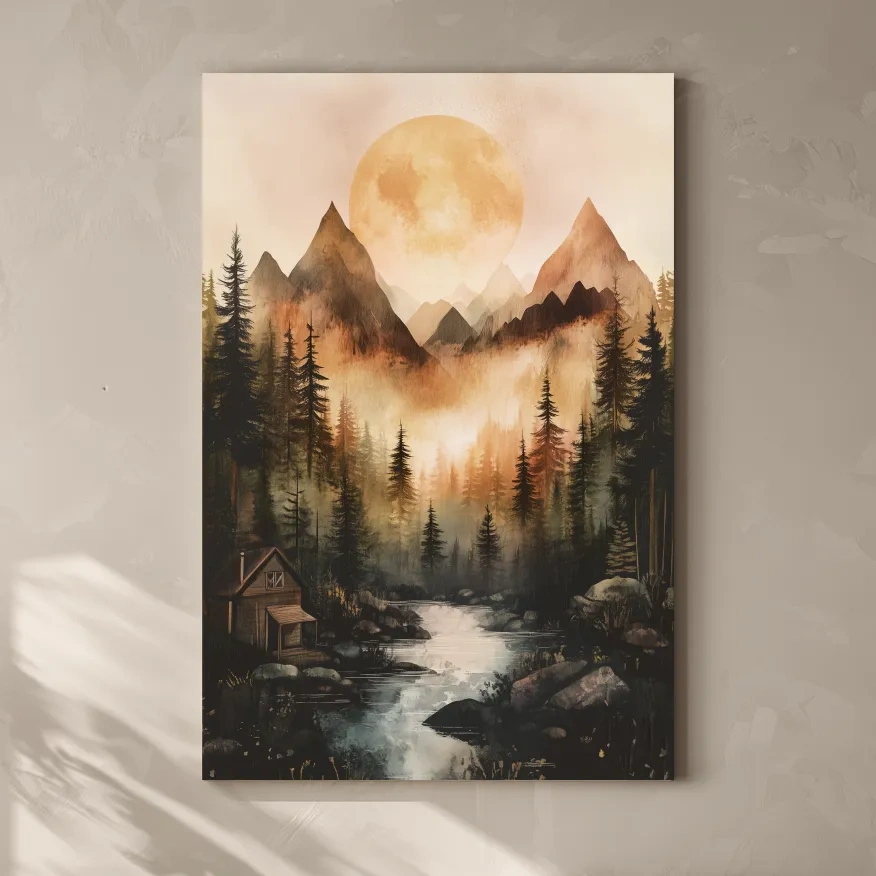 Alpine lake cabin painting, rustic watercolor effect, forest and mountains