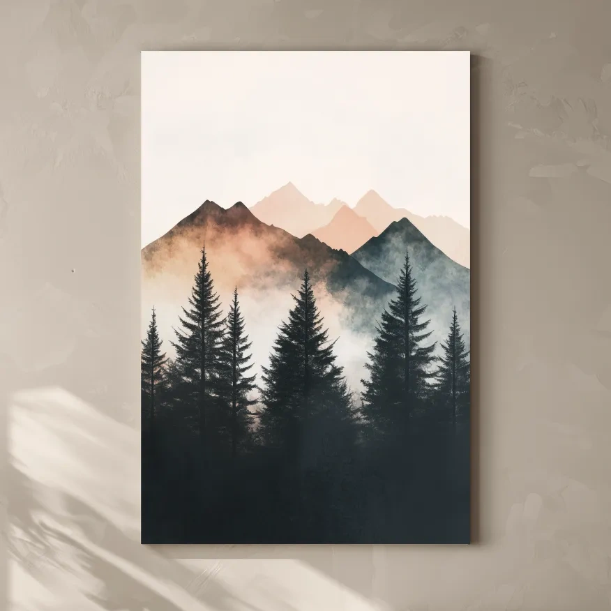 Misty Watercolor Mountain Pine Forest - Serene Nordic Wall Art