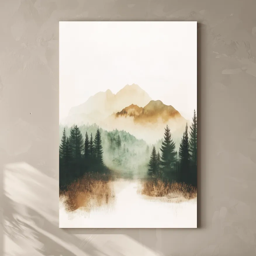 Misty Watercolor Mountain Lake & Pine Forest - Serene Nature Landscape Wall Art