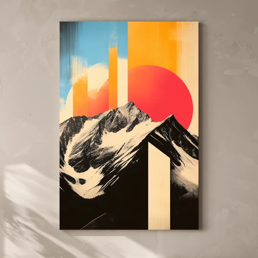 Retro Snowcapped Mountain Sunset Collage - Modern Geometric Landscape Wall Art