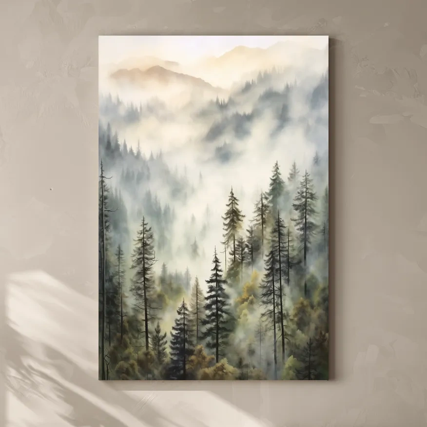 Painting of fog rolling through mountains and trees