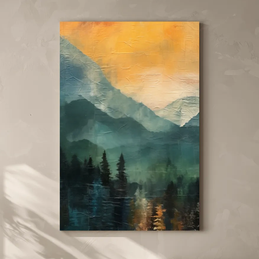 Rustic textured style art, mountains at sunset