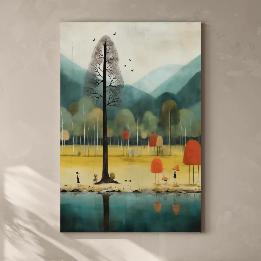 Quirky characters by a lake in fall, textured painting effect, whimsical autumn forest wall art print