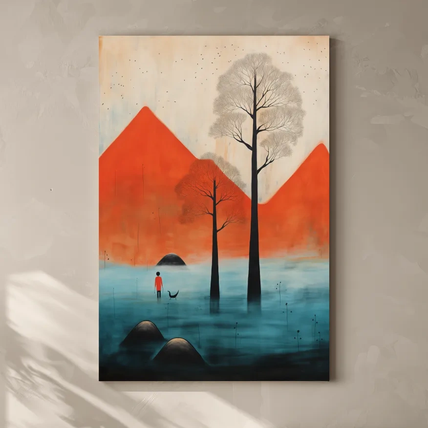 Surreal mountain artwork,rustic textured painting effect, dreamlike landscape wall art