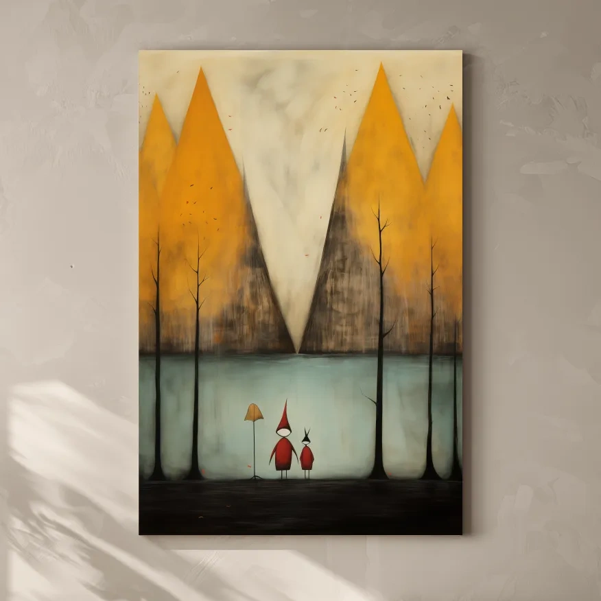 Quirky painting of people by a lakeside mountain scene in fall, whimsical forest scene artwork
