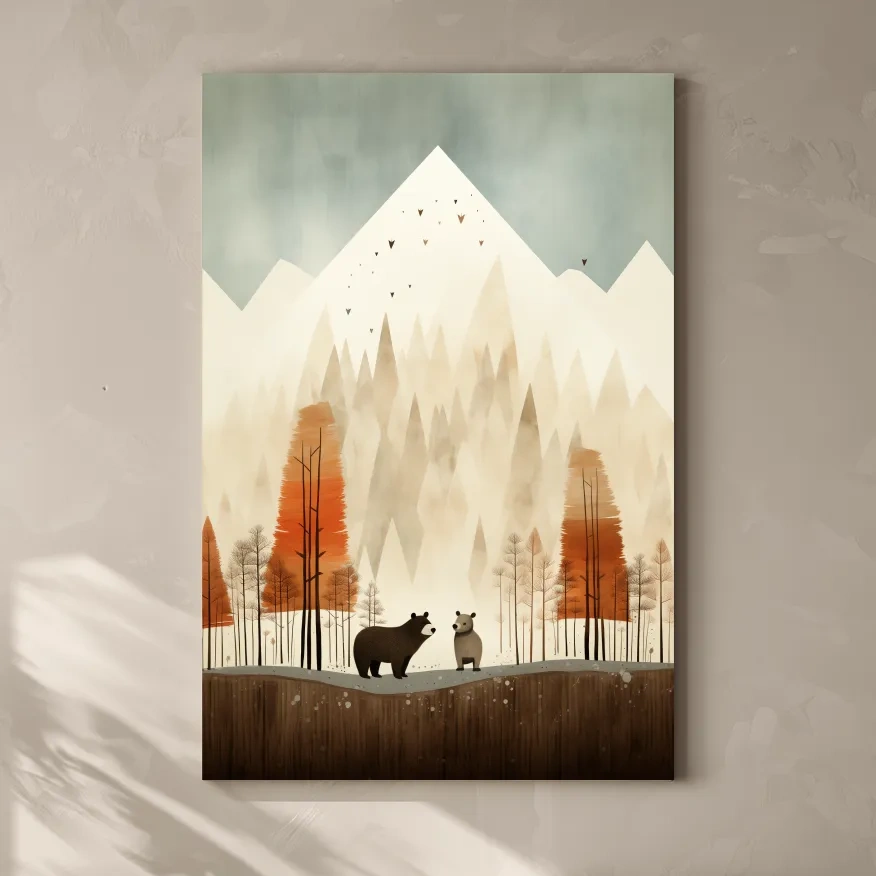 Bears in the forest in autumn, quirky childrens art illustration