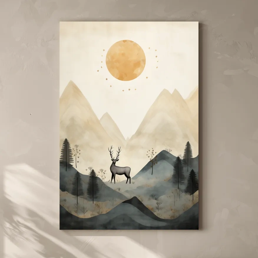 Boho Deer In Misty Mountains - Woodland Landscape Wall Art