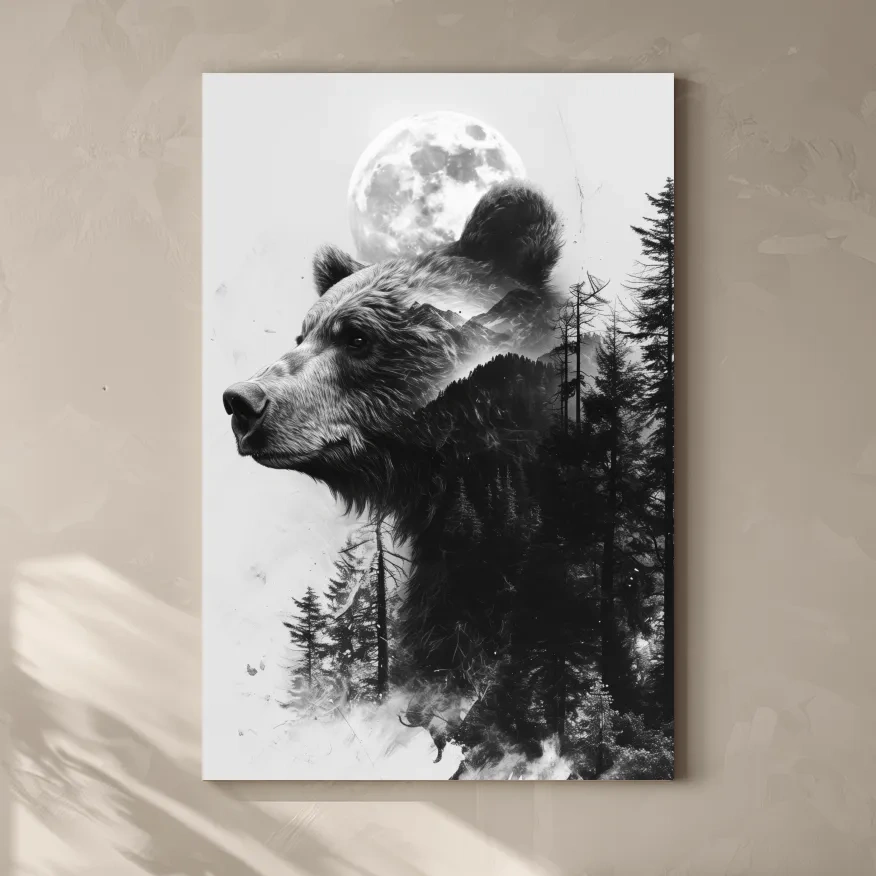 Double exposure style drawing artwork of a bear, forest, glacier and moon