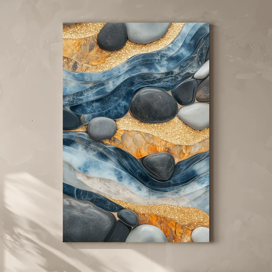 Natural stone and river rock wall artwork, abstract layered design