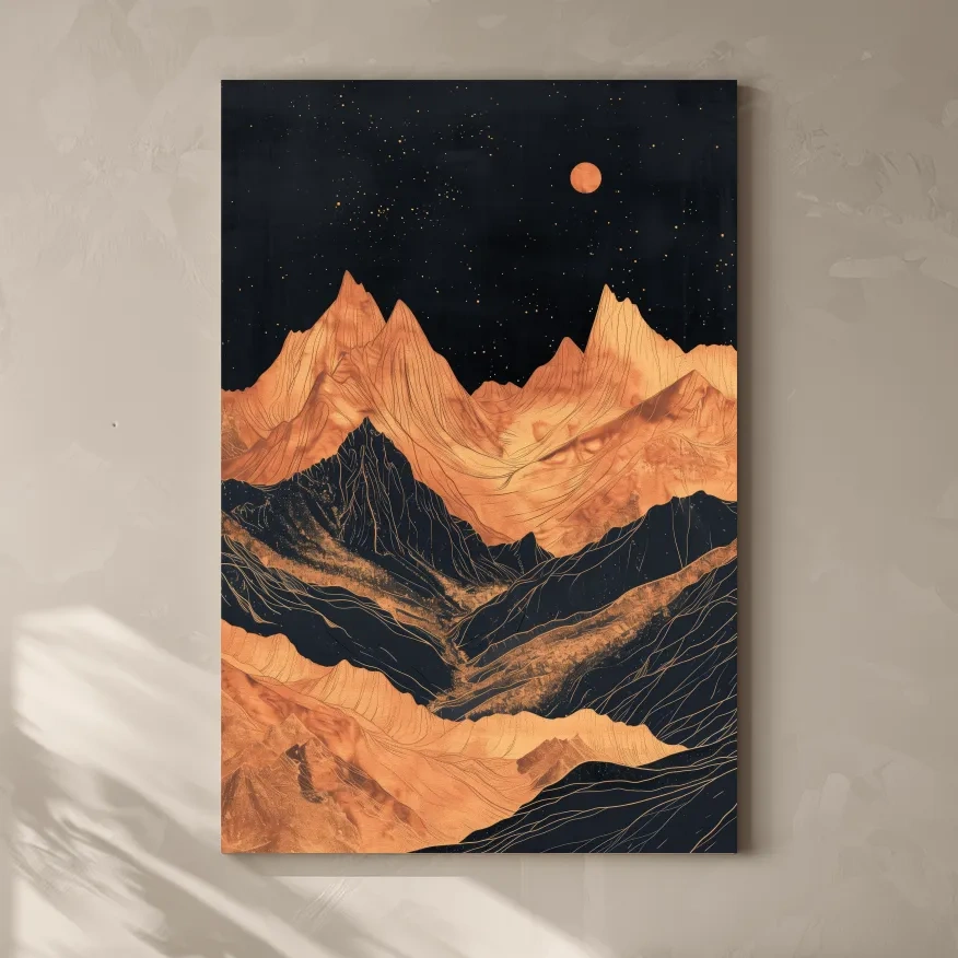 Moonlit elegant mountain artwork, metallic block print effect