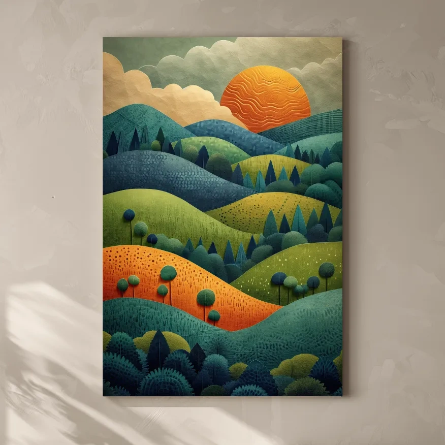 Layered Mountain Sunset Landscape - Mid Century Modern Forest Wall Art