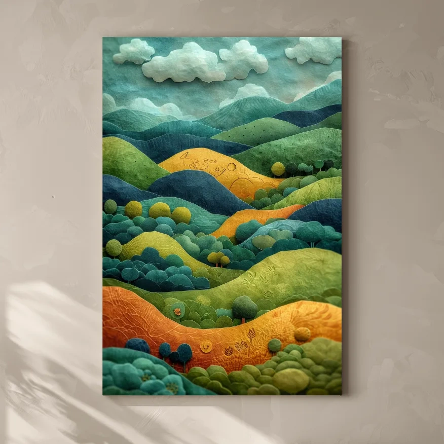 Abstract surreal mountain scene artwork, whimsical landscape in 3D layered style