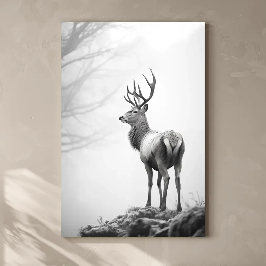 Black and white photograph of a majestic deer on a winter morning, serene wildlife artwork