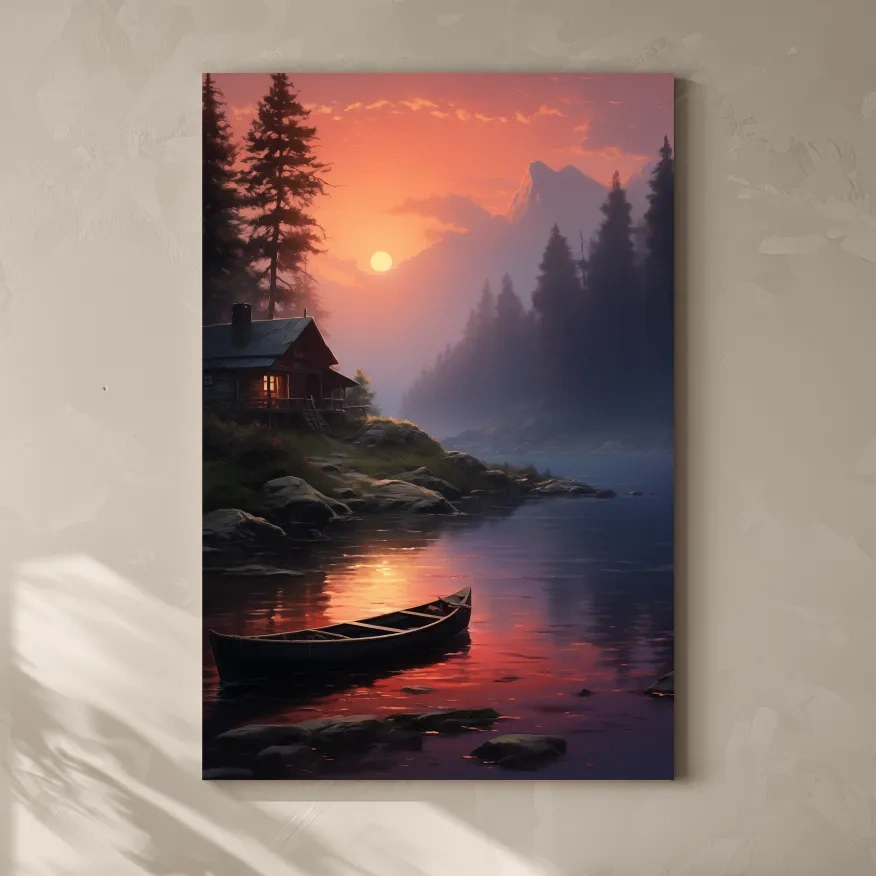 Beautiful painting of a cabin on a misty lake at sunset