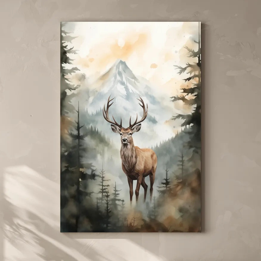 Watercolor Stag In Misty Mountain Forest - Serene Wildlife Wall Art