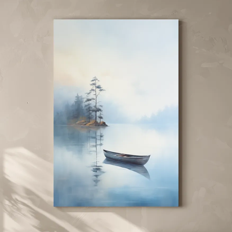 Misty Lake Canoe Painting - Serene Minimalist Watercolor Wall Art