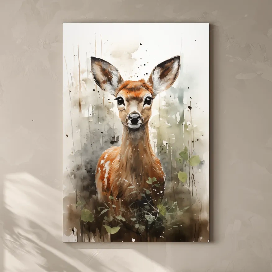 Watercolor fawn wall art, delicate forest setting artwork