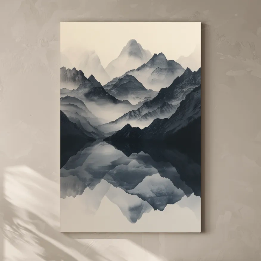 Monochrome Misty Mountain Reflection Landscape - Minimalist Japandi Wall Art