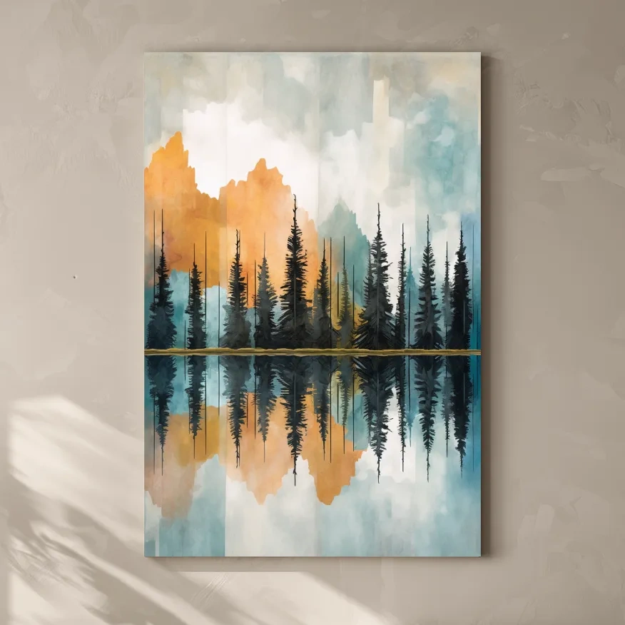 Abstract watercolour painting of trees along a lake