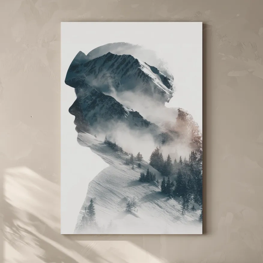 Surreal Double Exposure Skier & Mountain Portrait - Moody Misty Alpine Forest Wall Art