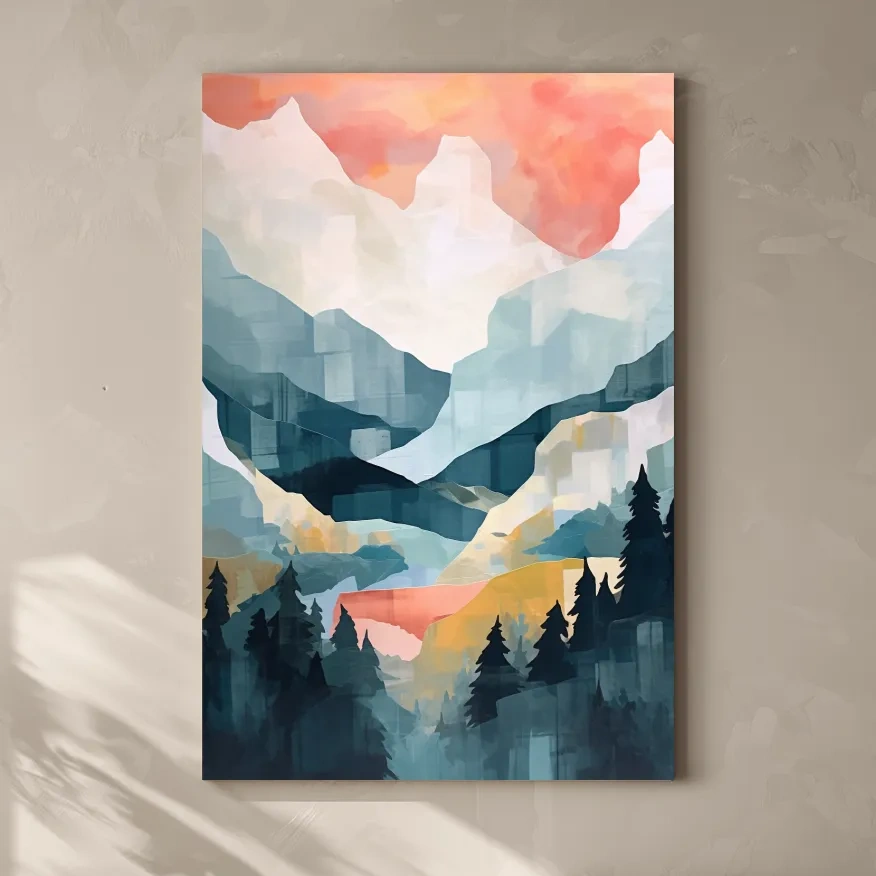 Abstract Watercolor Alpine Mountains At Sunrise - Modern Forest Landscape Artwork