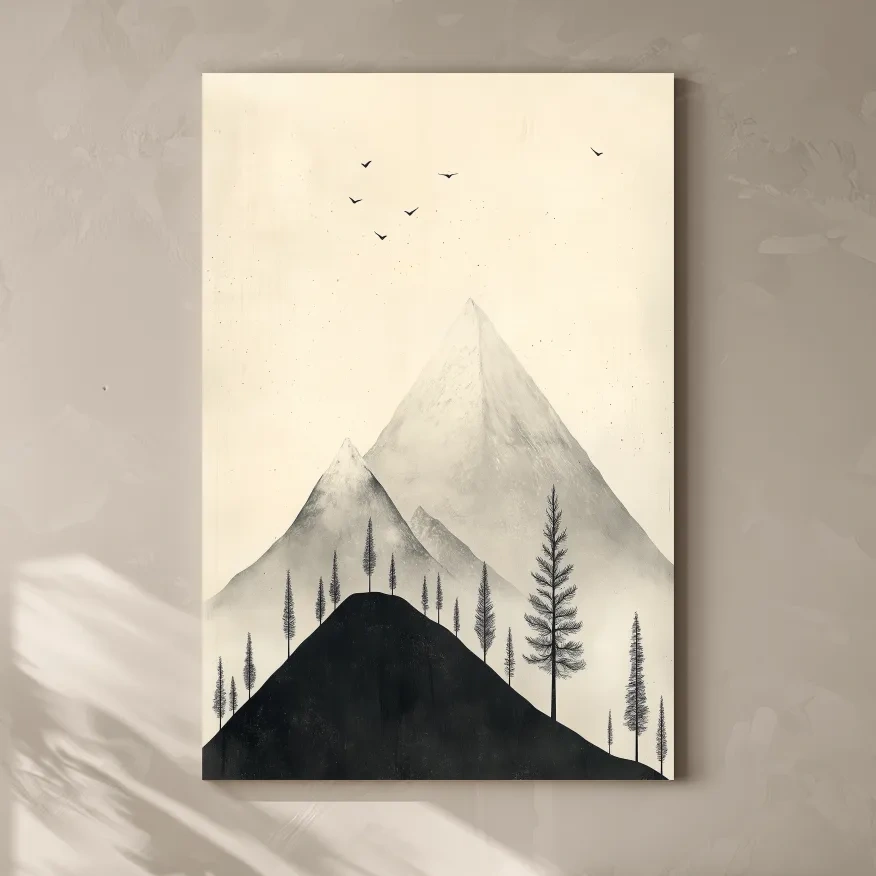 Minimalist Misty Mountain Peaks With Pine Trees - Monochrome Scandinavian Landscape Artwork