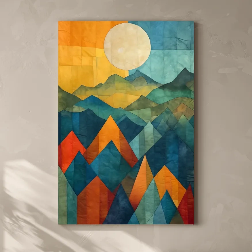 Geometric Patchwork Sunlit Mountain Range Painting - Colorful Abstract Alpine Wall Art
