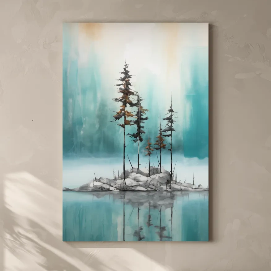 Misty Pine Trees Reflection - Watercolor Turquoise Alpine Lake Wall Art