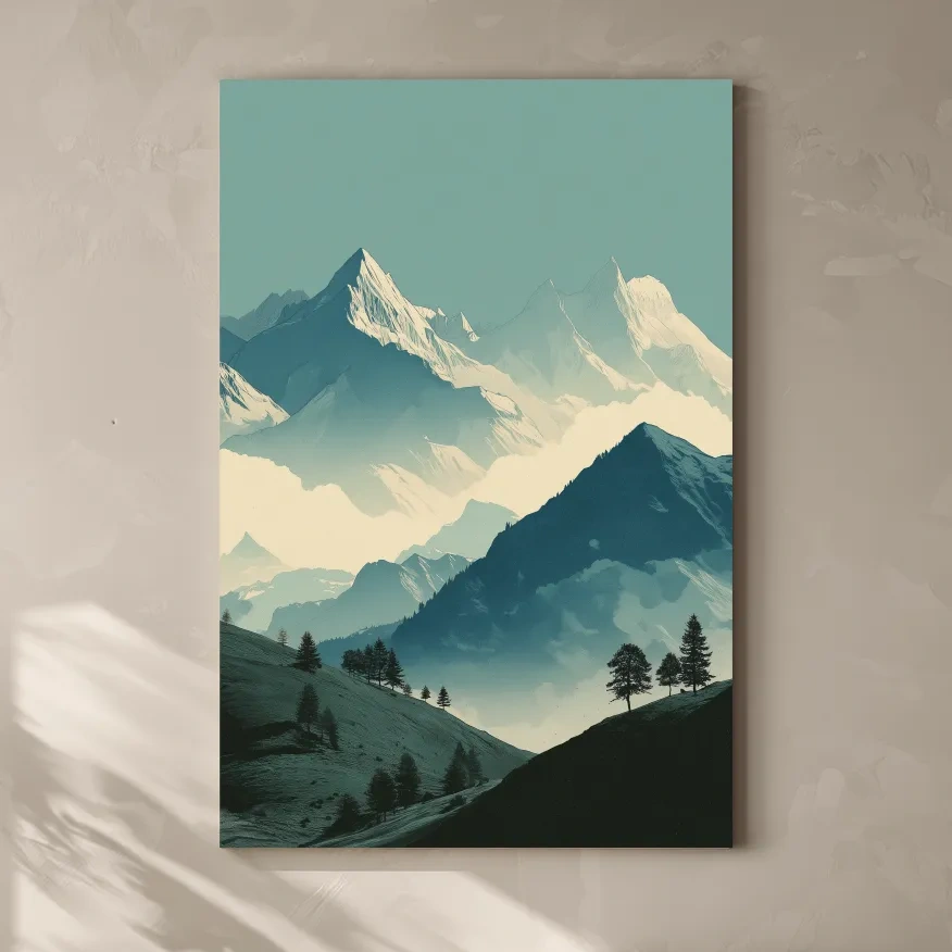 Misty Alpine Mountain Peaks Illustration - Serene Landscape Wall Art