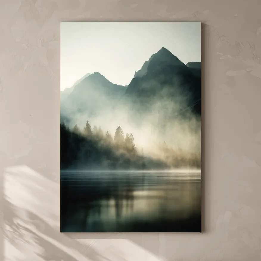 Moody Misty Mountain Lake Landscape - Serene Foggy Pine Forest Wall Art