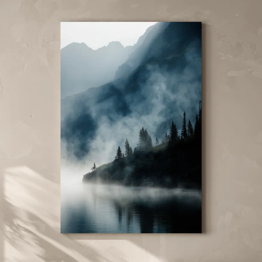 Misty Alpine Lake Landscape Photography - Foggy Pine Forest Nature Wall Art