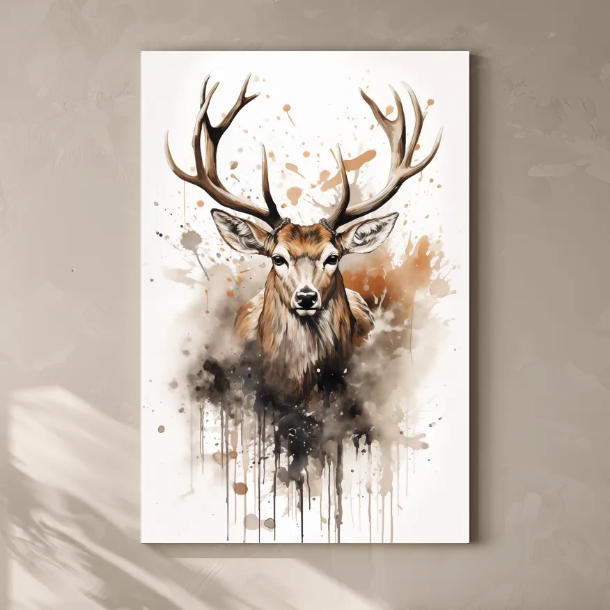 Majestic Stag Watercolor Splash Painting - Rustic Wildlife Wall Art
